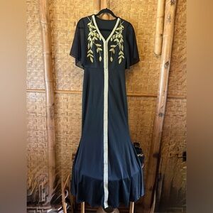 Vintage Black and Gold goth Leaf Maxi mermaid Dress small